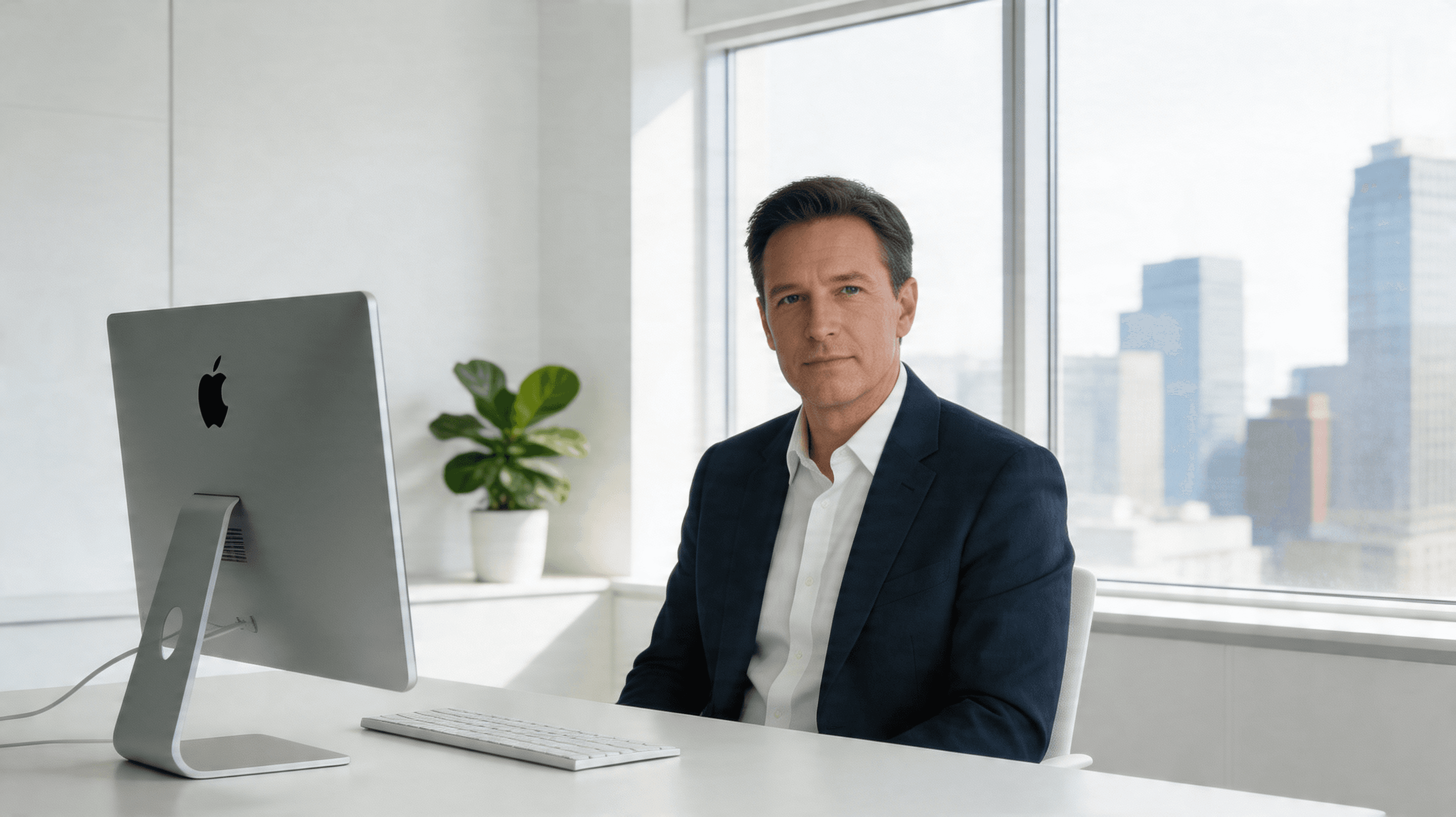 A modern portrait of John Ternus, Apple's new CEO, in a professional Apple-style office setting with