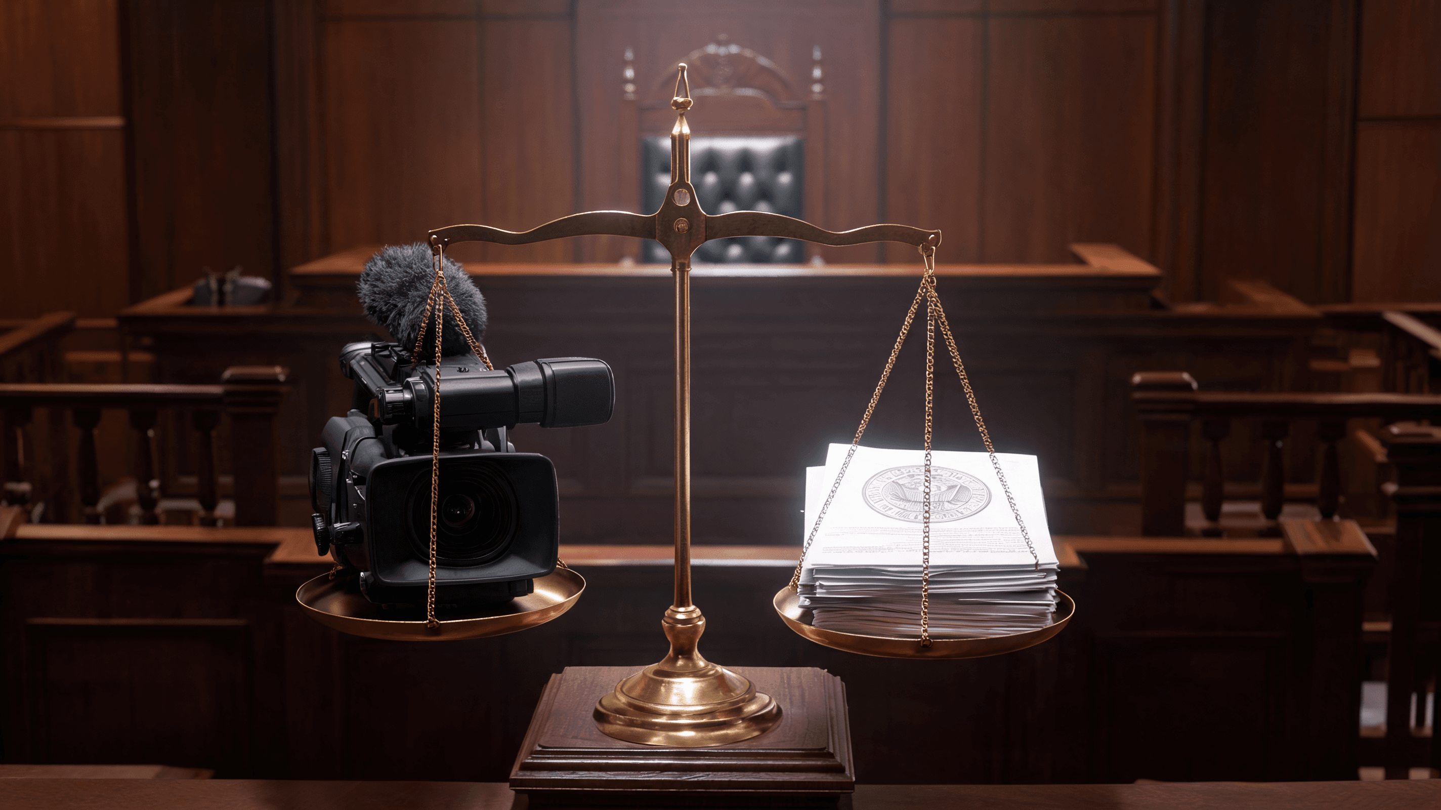 A courtroom setting, conceptual, with a balance scale showing a television broadcast camera on one s