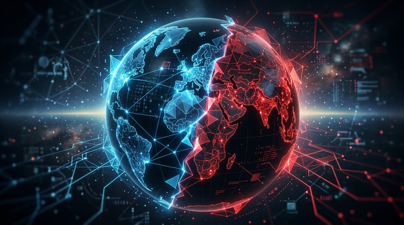 A globe divided by subtle, glowing geometric network lines, some parts blue, some parts red, illustr