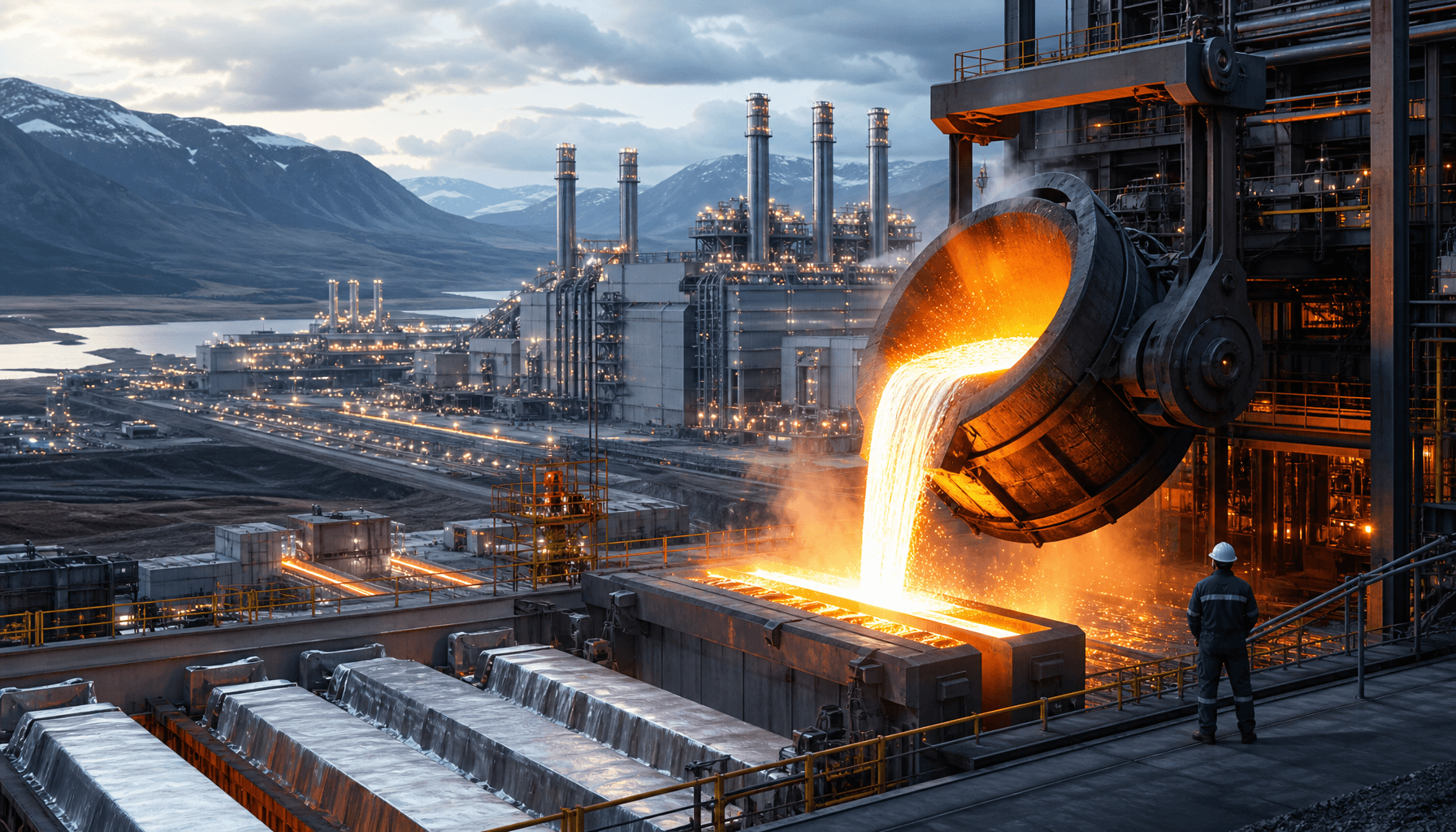 A massive, futuristic industrial smelting complex in an open landscape, with glowing molten aluminiu