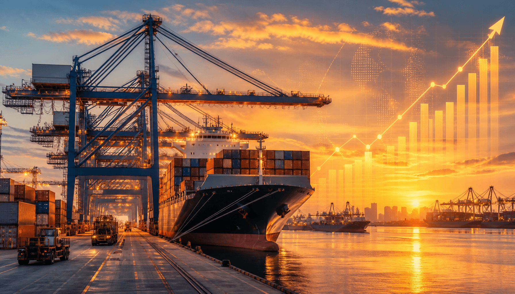 A modern industrial port facility at sunset with cranes and large cargo vessels, symbolizing growth