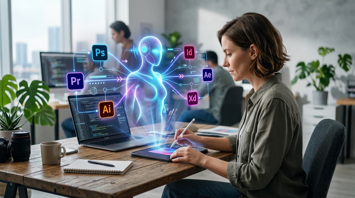 A modern creative workspace with a digital interface floating above a tablet, showing interconnected