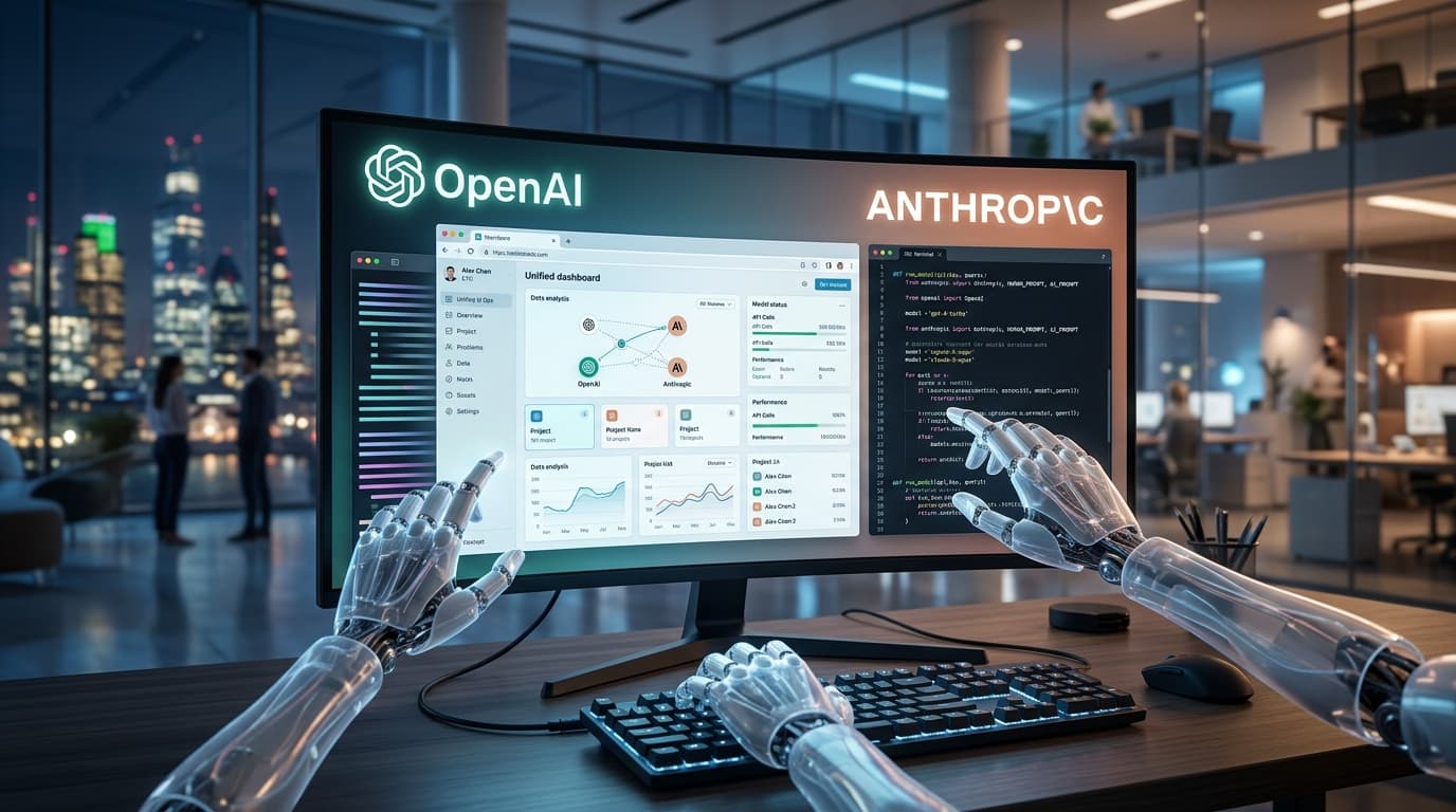 A sophisticated digital interface showing a unified desktop dashboard with the logos of OpenAI and A