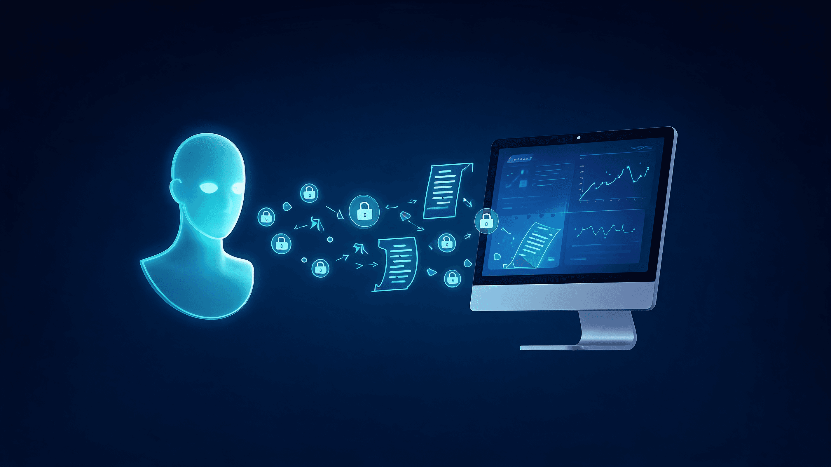 A digital abstract representation of secure, glowing data packets and smart contracts flowing betwee