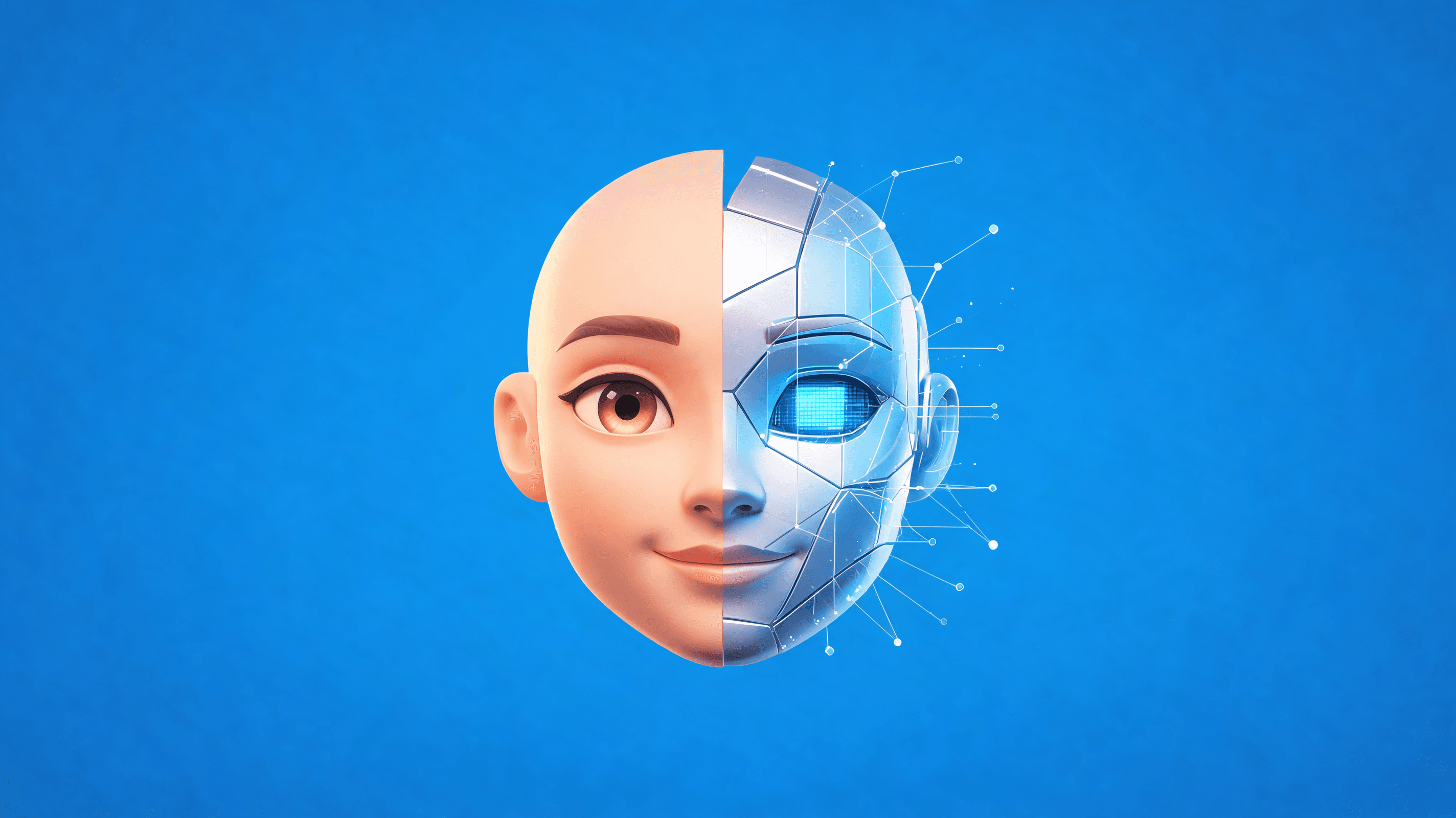 Abstract representation of an AI chatbot face, half the face is warm and colorful representing empat
