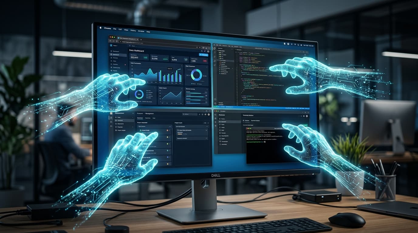 A modern computer screen showing multiple windows being manipulated by glowing, translucent digital