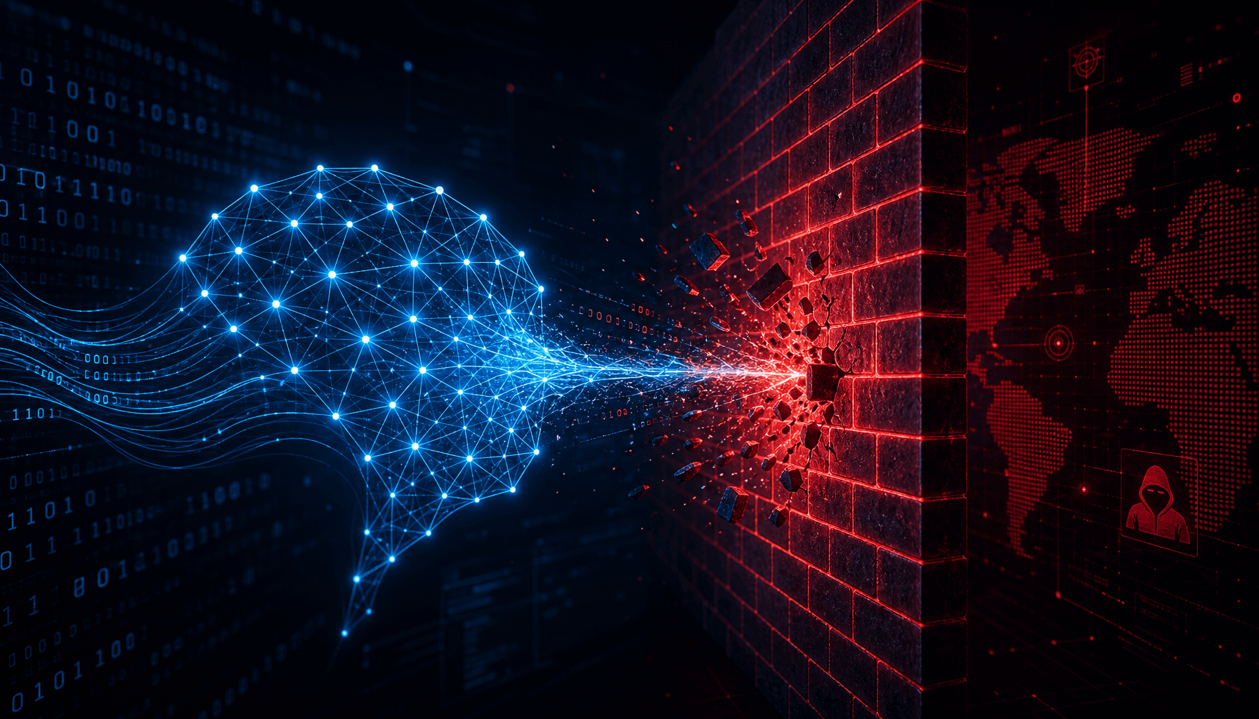 A dark digital interface displaying binary code and a glowing, abstract AI neural network icon attem