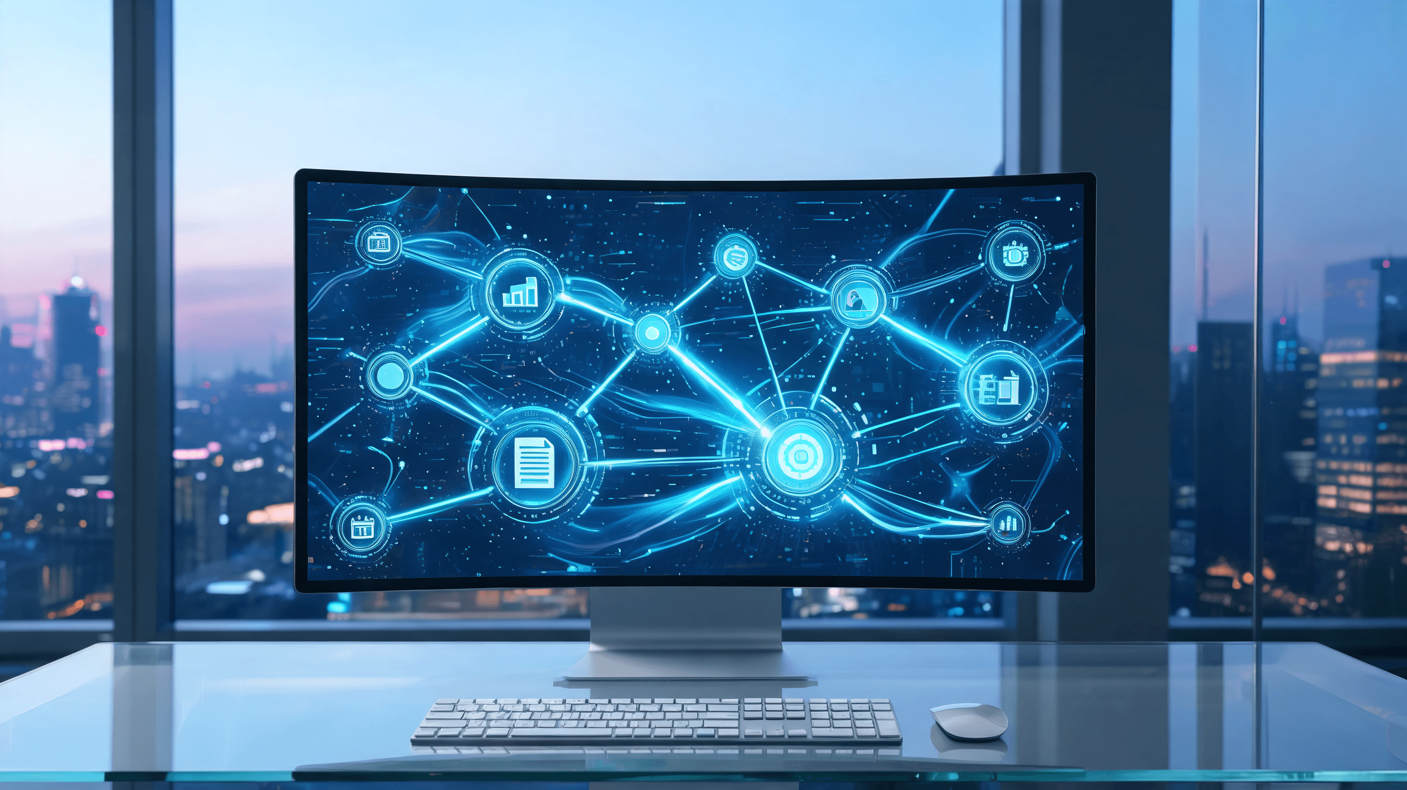 A futuristic digital workspace showing a complex neural network interface with interconnected task n