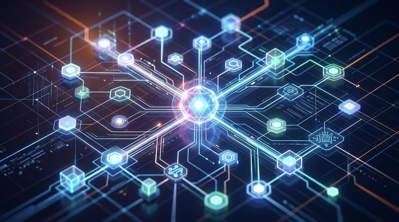 A modern, abstract representation of a digital network with a central glowing core (AI Agent) connec