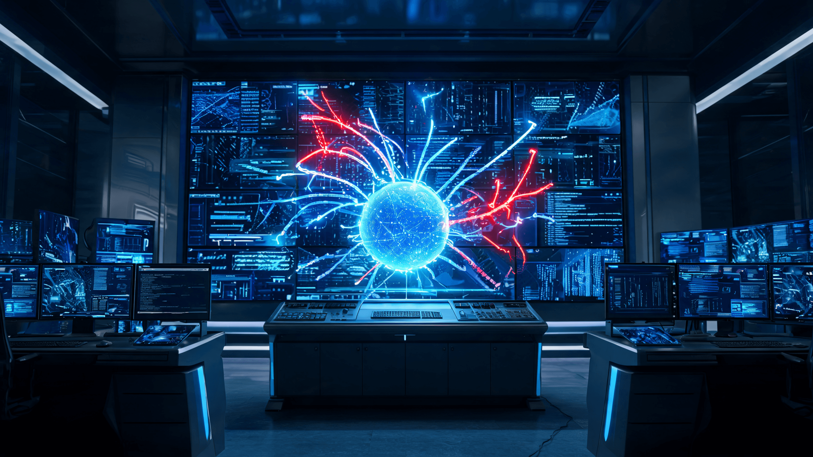 A futuristic digital security room showing a holographic artificial intelligence agent node with mul