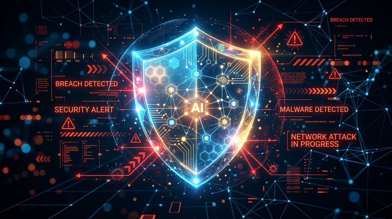 Abstract digital security concept showing a glowing shield protecting a network of interconnected AI
