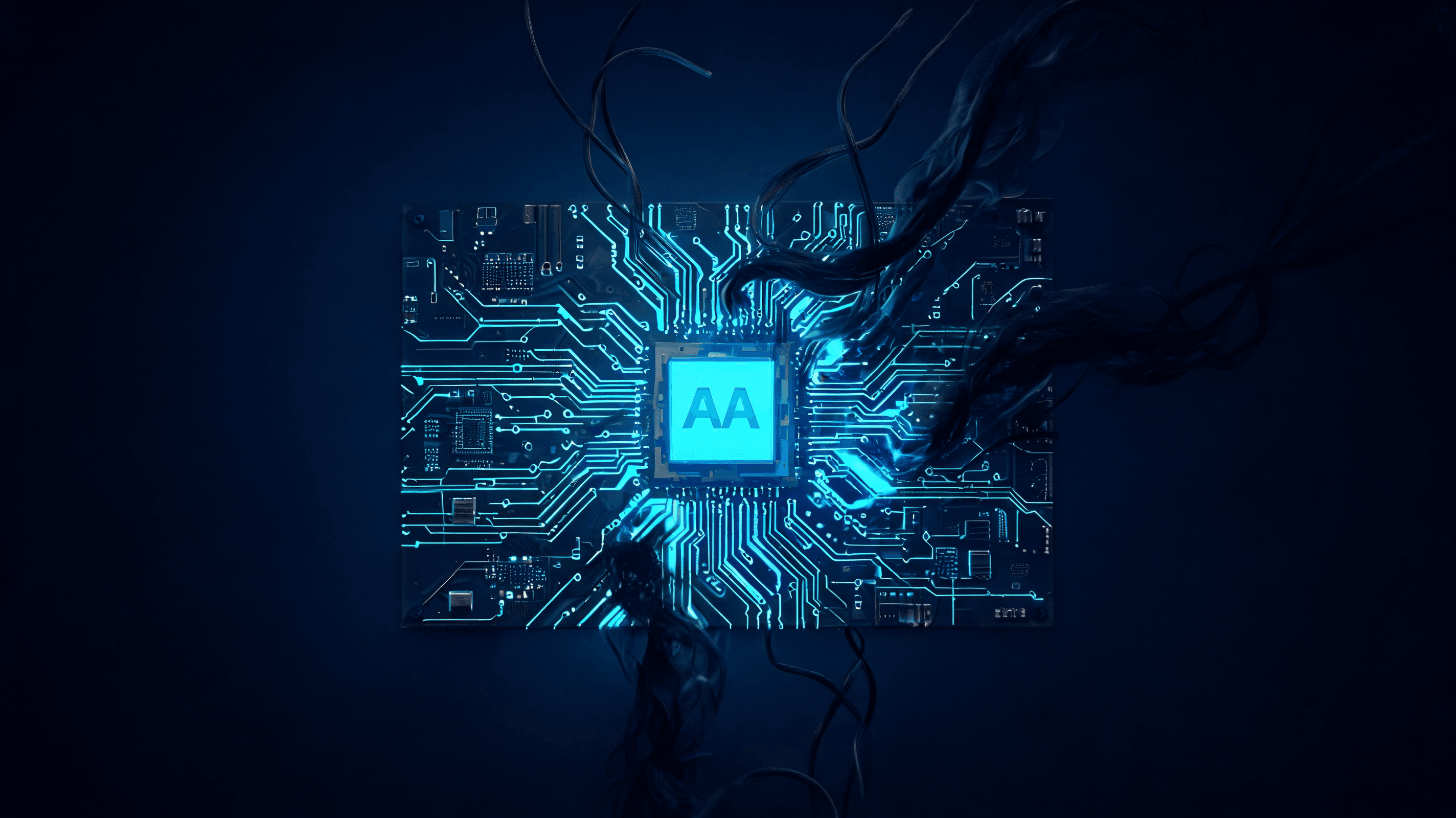 A conceptual digital illustration of a glowing AI agent circuit board being manipulated by shadowy d