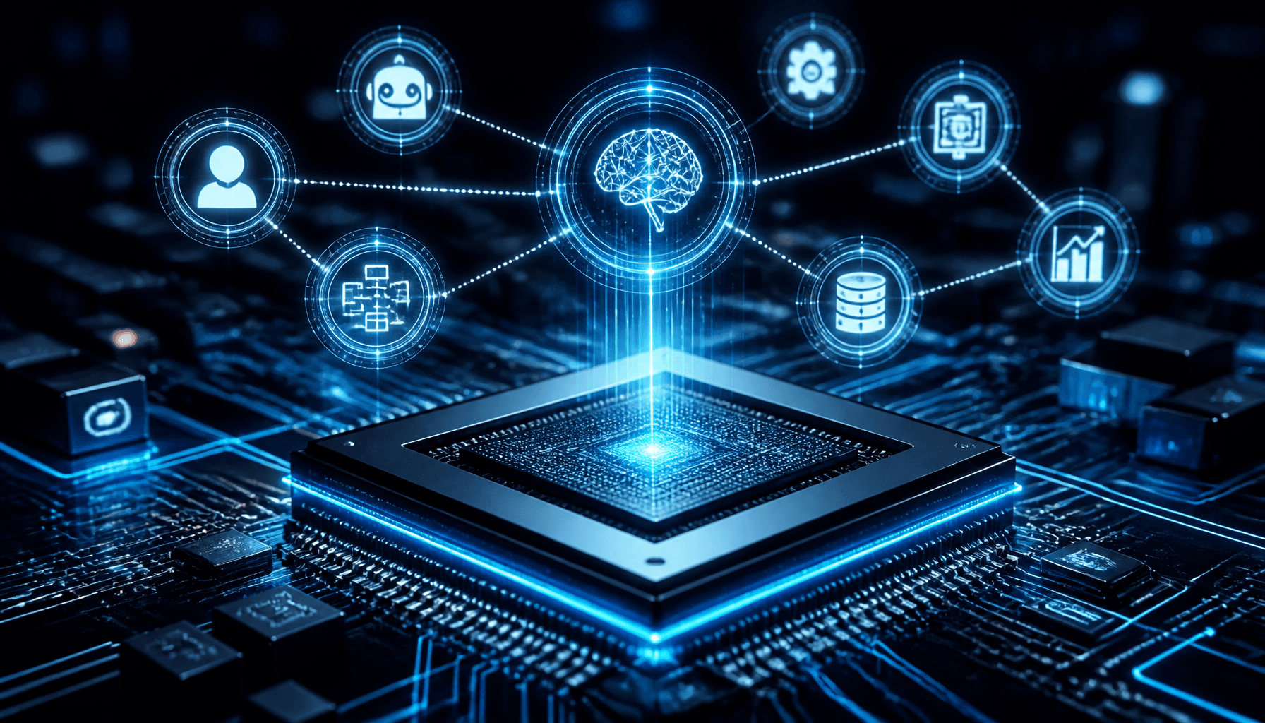 A close-up, high-tech rendering of a sleek processor chip glowing with blue circuitry, surrounded by