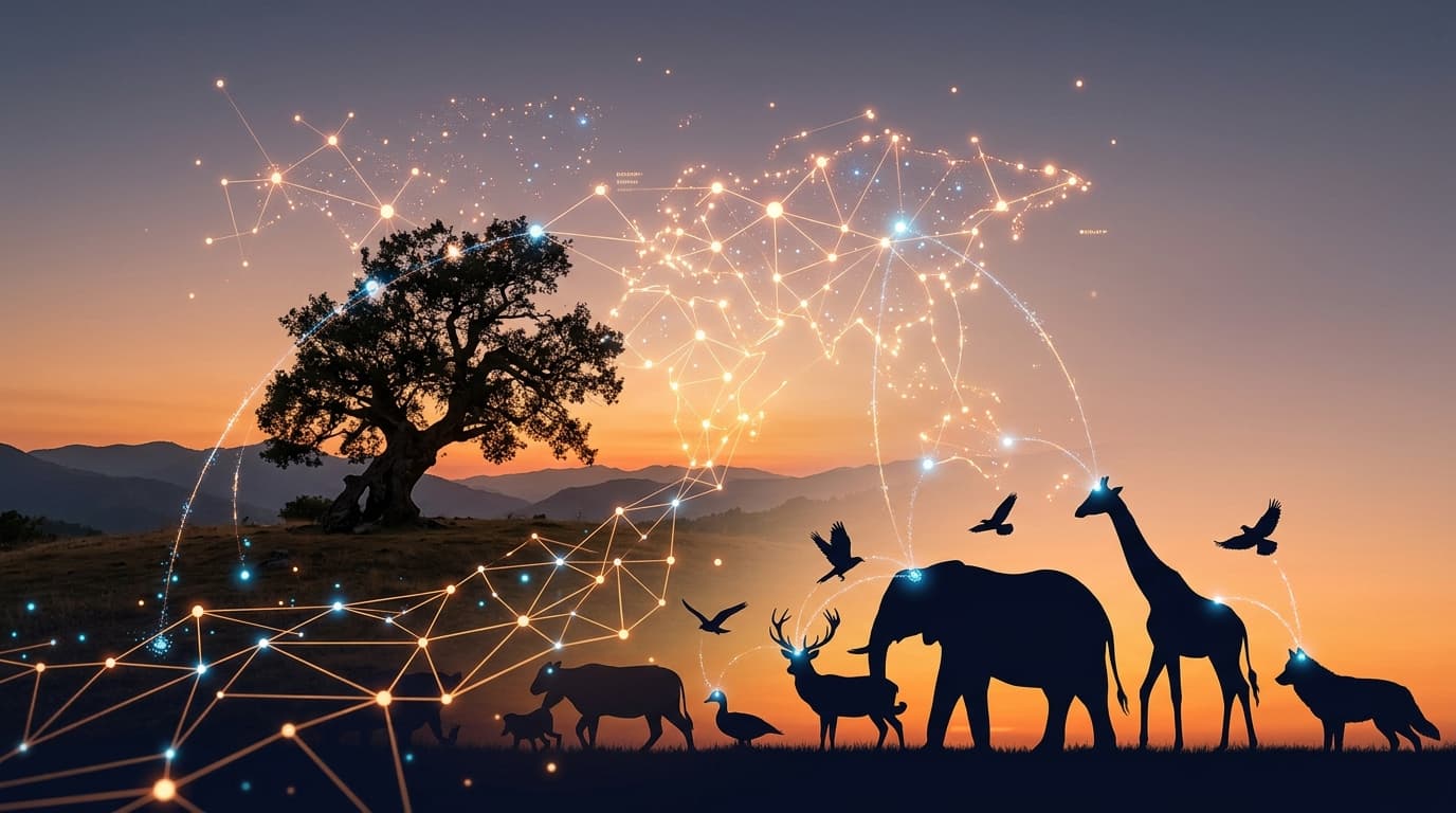 A warm, conceptual image showing a silhouette of a digital AI network connecting with silhouettes of