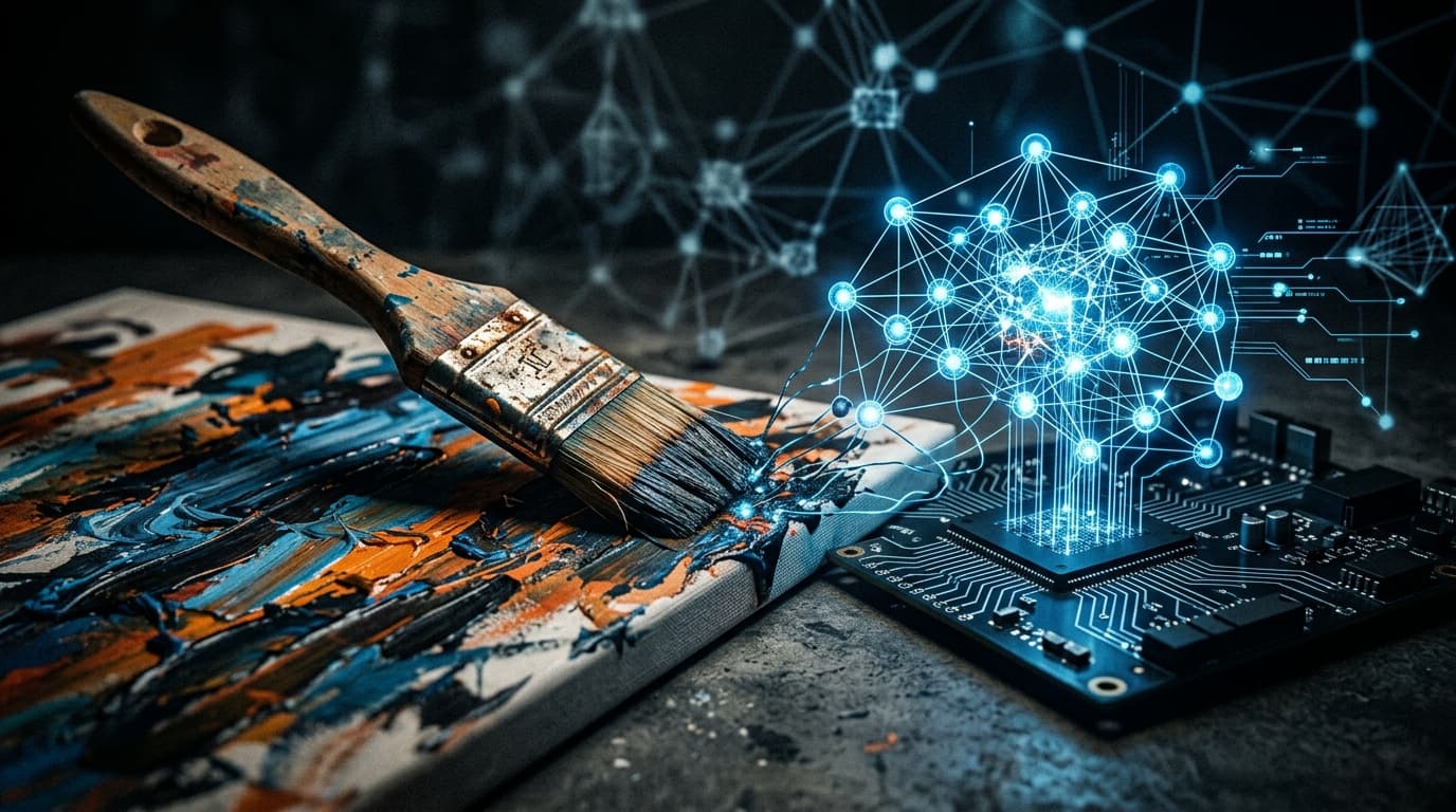 A fusion of artistic tools, paintbrush next to digital AI neural network nodes, high contrast, studi