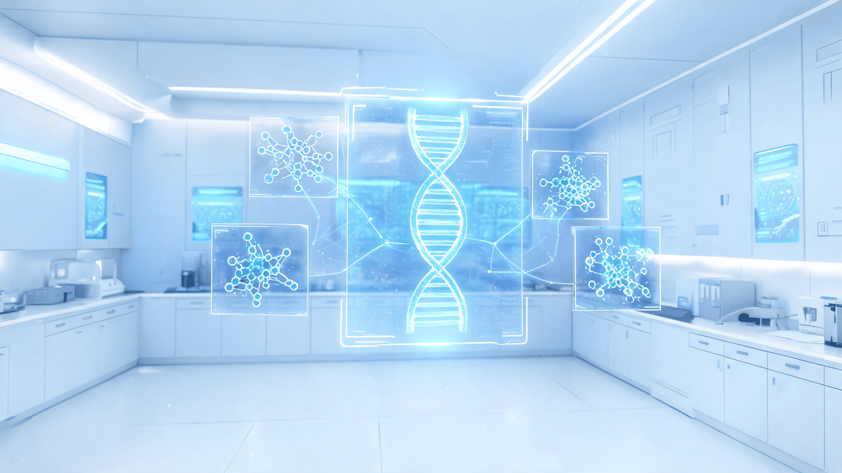 A conceptual, high-tech laboratory environment showing digital DNA sequences being analyzed by artif