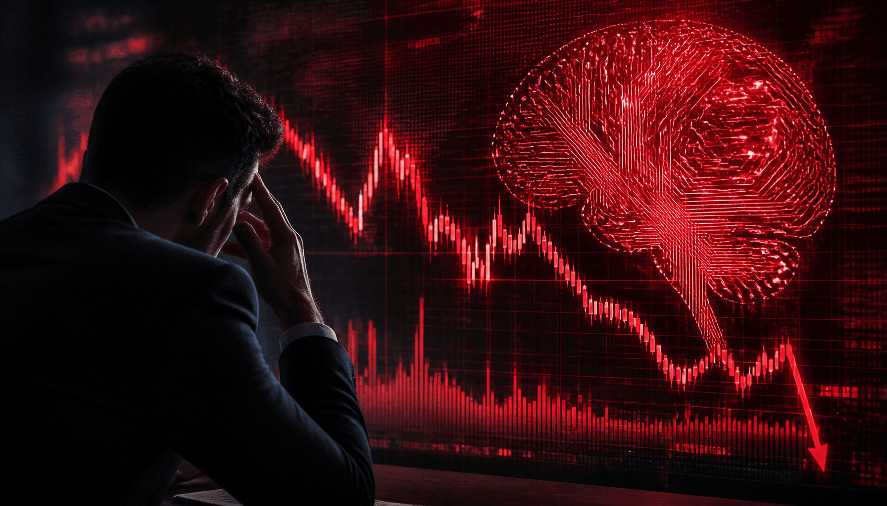 A nervous investor looking at a red stock market chart displaying a digital AI brain, digital abstra