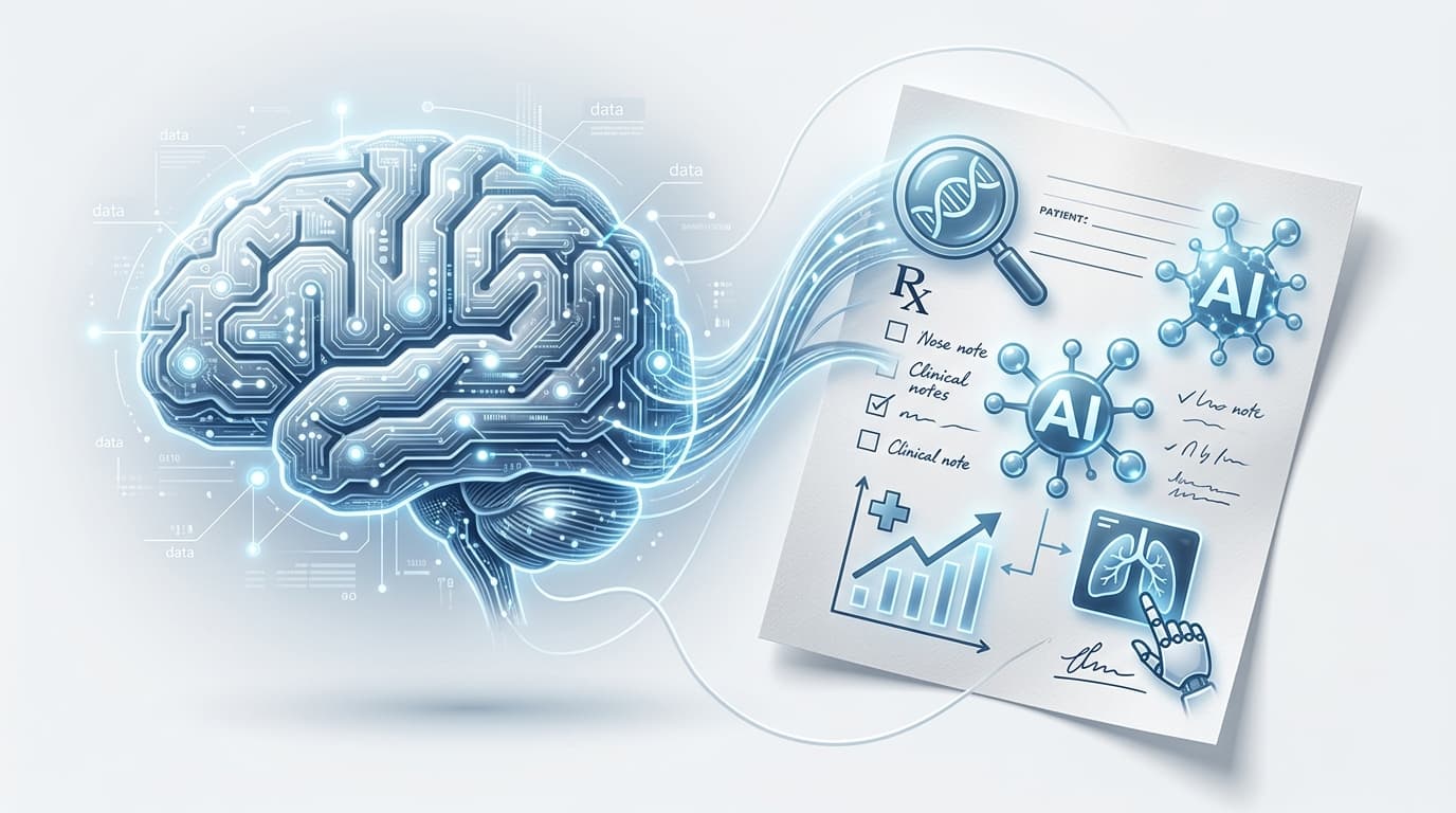 A medical-themed conceptual art piece showing a digital brain interface transitioning into a medical
