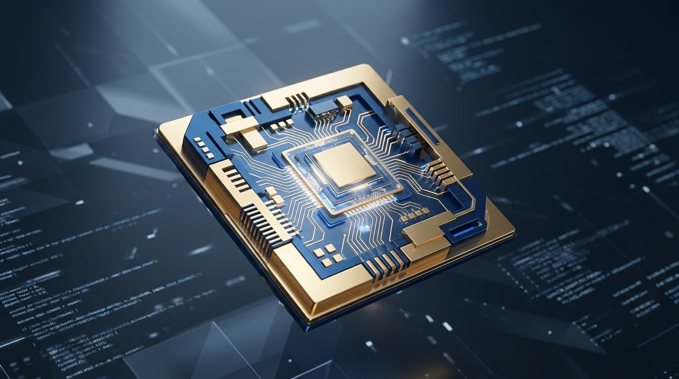 A modern, futuristic semiconductor chip design rendered in metallic gold and blue, floating in a cle