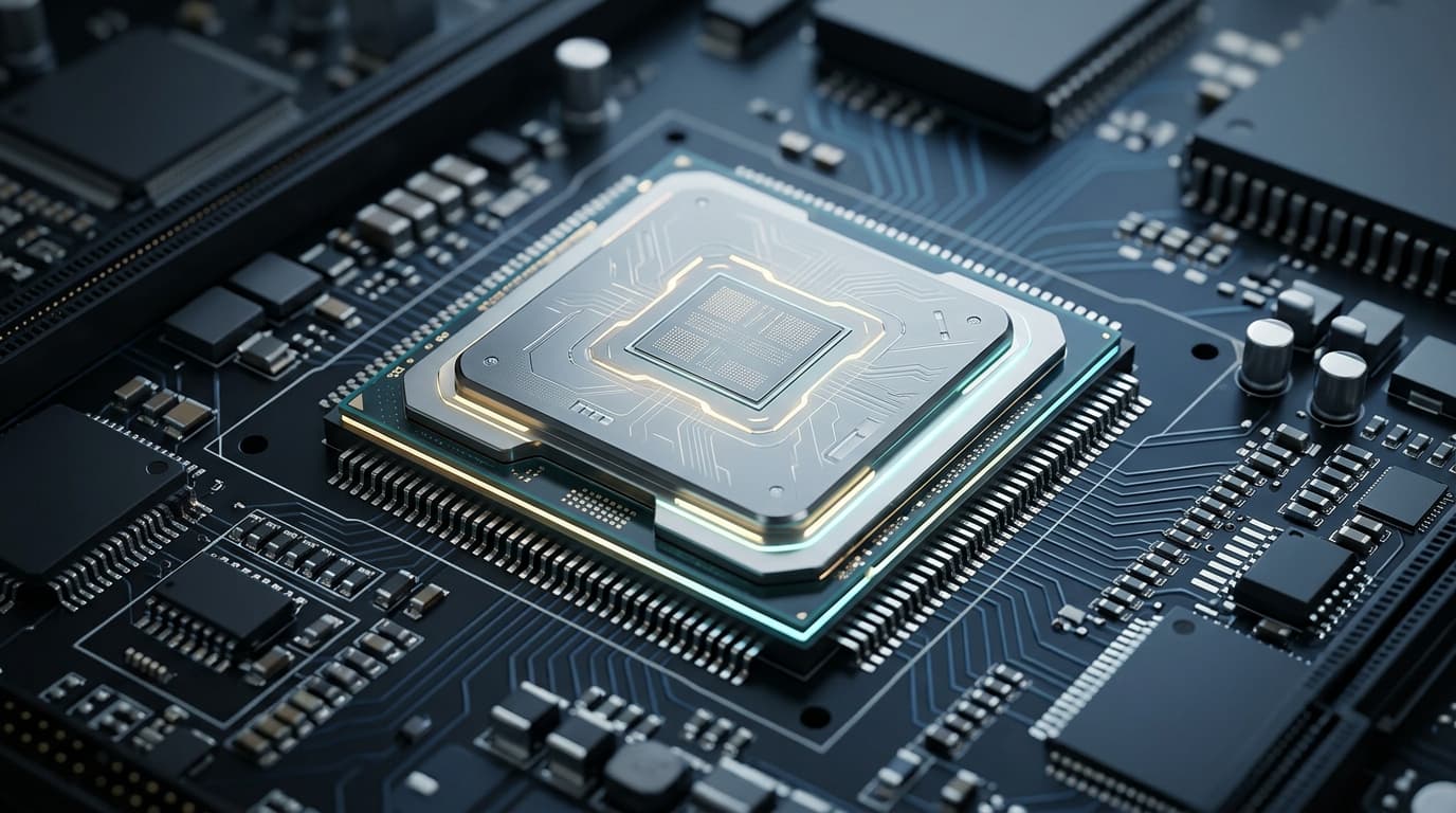 Futuristic close-up of a high-performance computer chip mounted on a motherboard, soft golden and cy