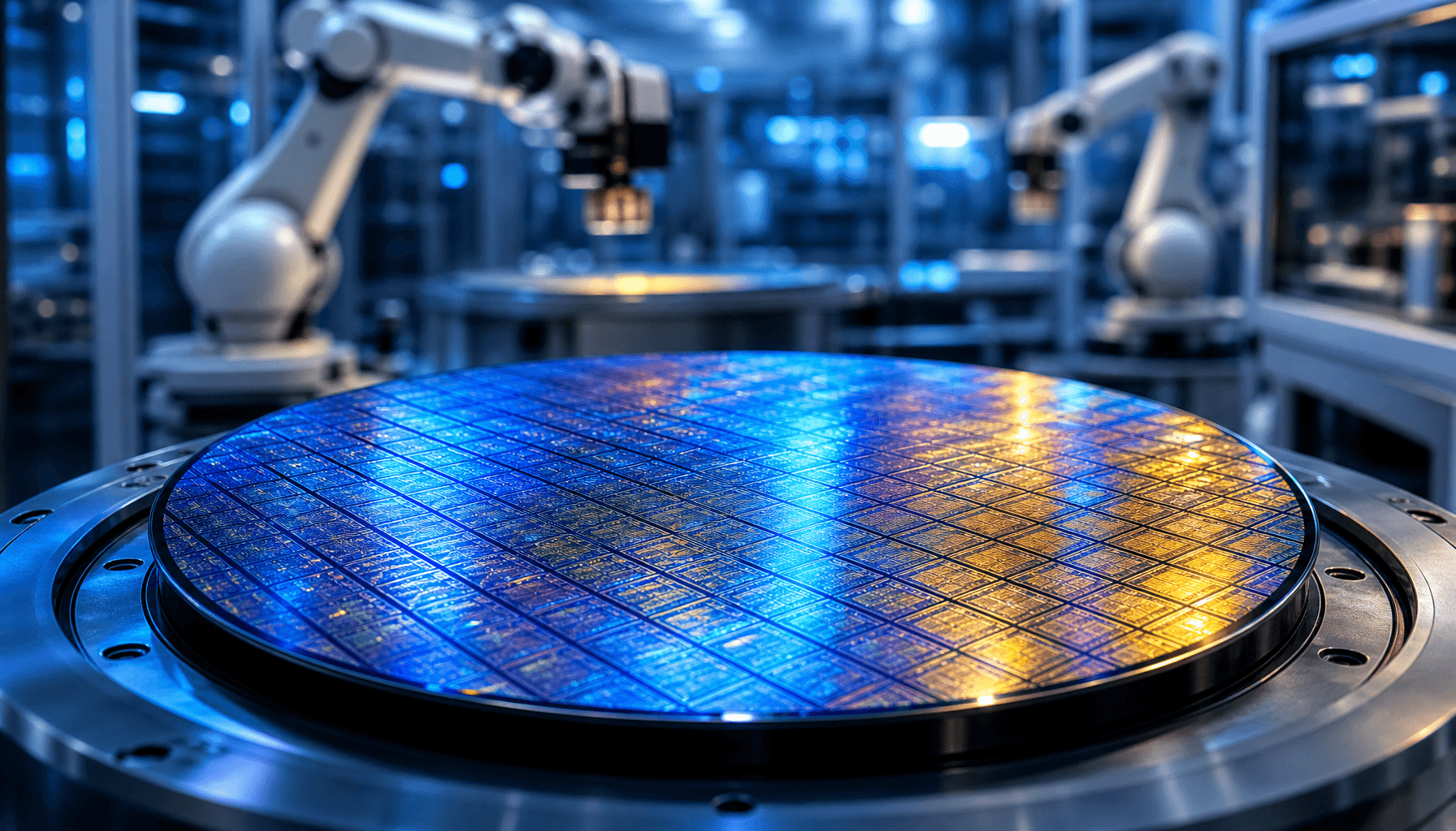 A high-tech semiconductor wafer glowing with neon blue and gold light, placed in a clean-room facili