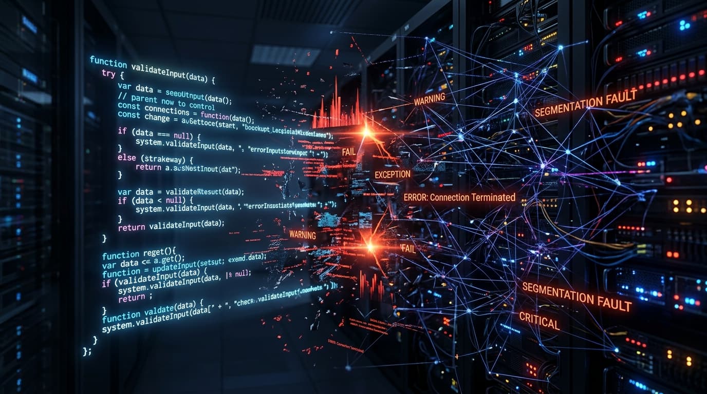 A digital visualization of a glowing, structured code block merging into a complex, chaotic, dark pr