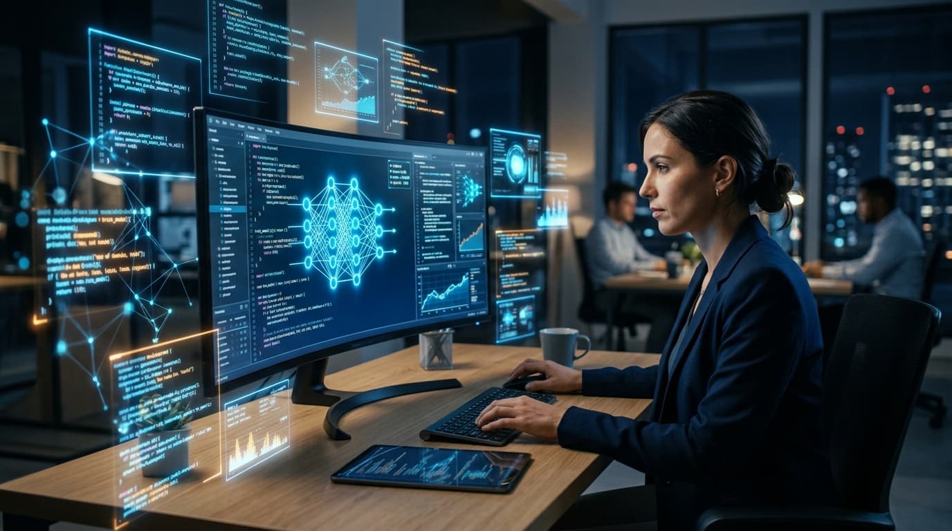A futuristic software development interface with glowing blue neural network code lines, developer s
