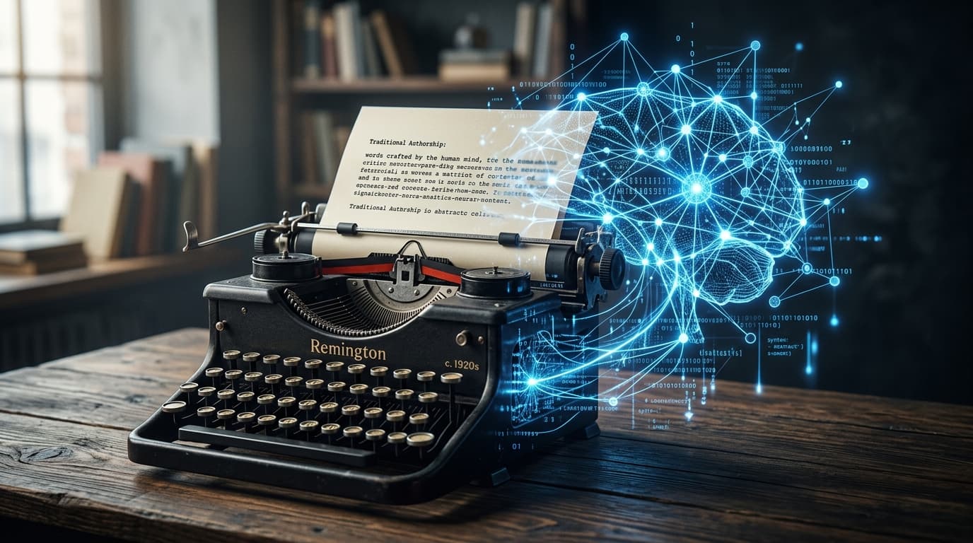 A blend of a classic typewriter and futuristic glowing blue neural networks, conceptual art represen
