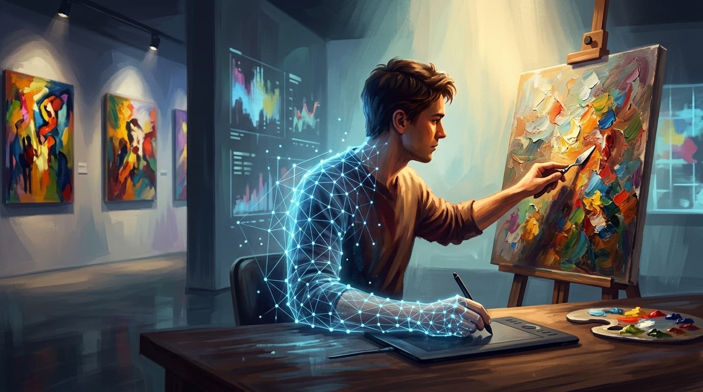 A conceptual illustration of a digital artist at a desk, with one hand painting a traditional canvas