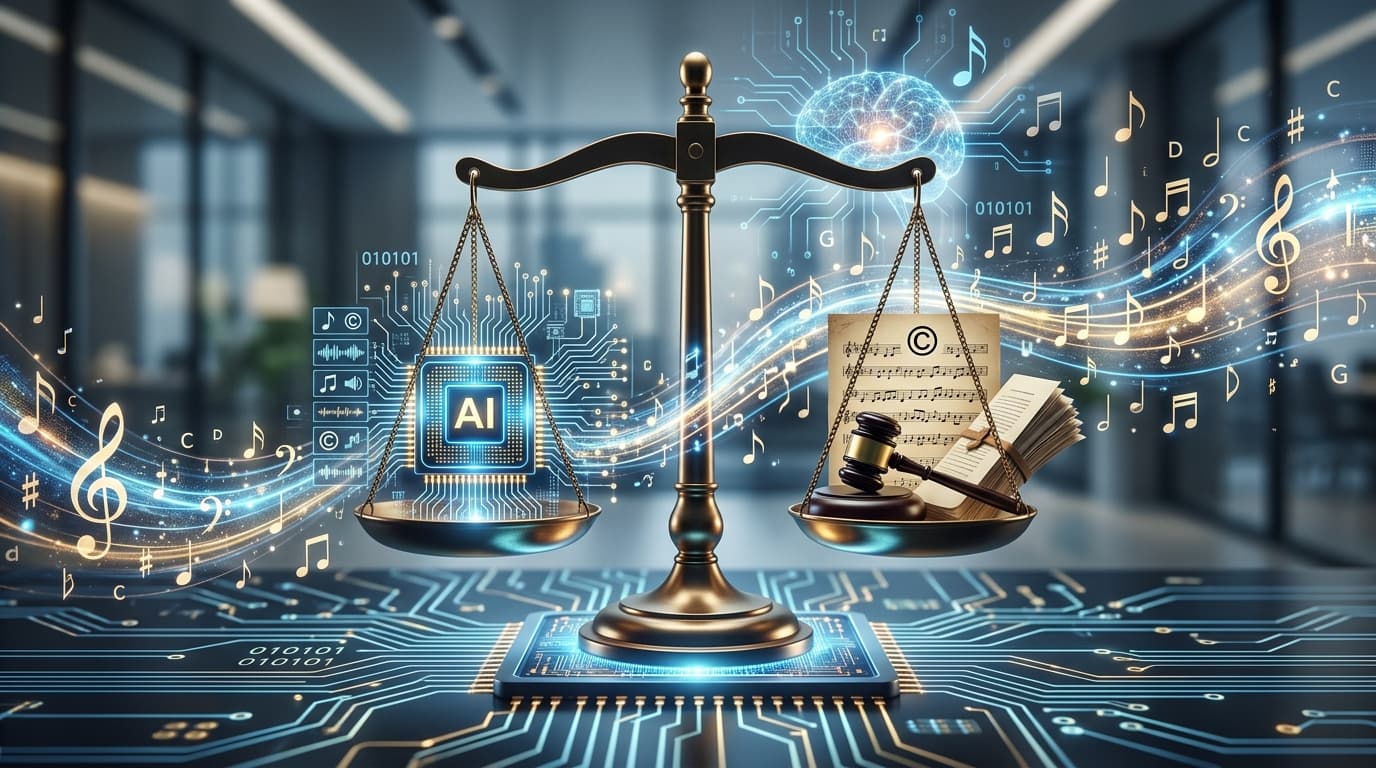 An artistic representation of a legal scales balanced against digital AI circuits and scattered musi