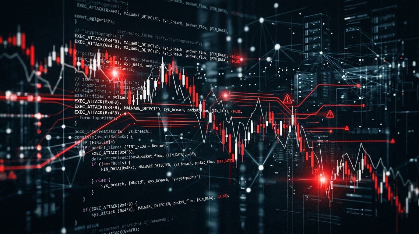 A shadowy, digital-themed visualization of a cyber attack, with lines of code blending into a financ