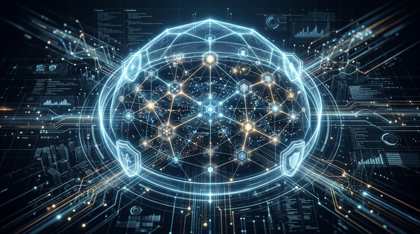 A sophisticated digital security interface representing a network of interconnected AI nodes, with g