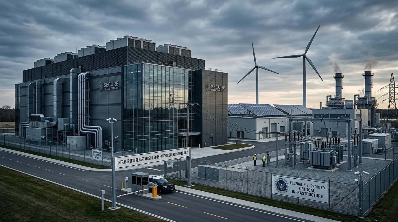 An industrial, high-tech rendering showing a modern server building next to a private energy product