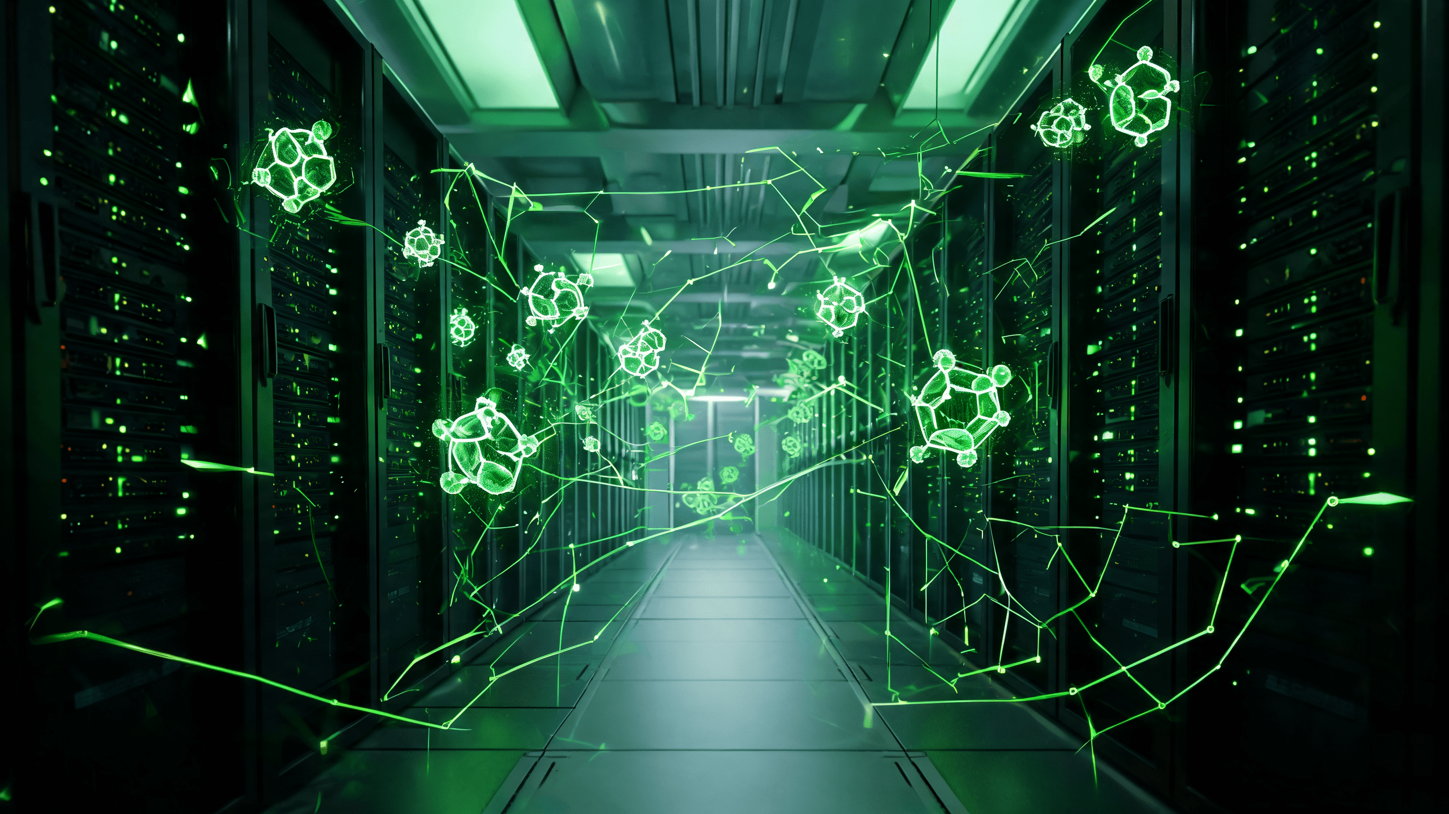 A futuristic data center interior with green lighting, showing sleek server racks, a representation