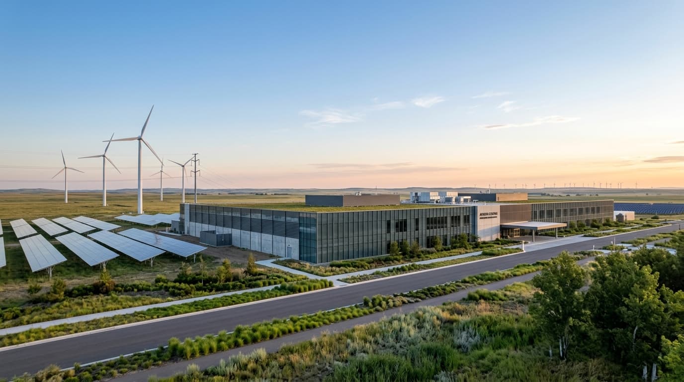 A modern AI data center building next to a clean energy power generation facility, sunlit horizon, p