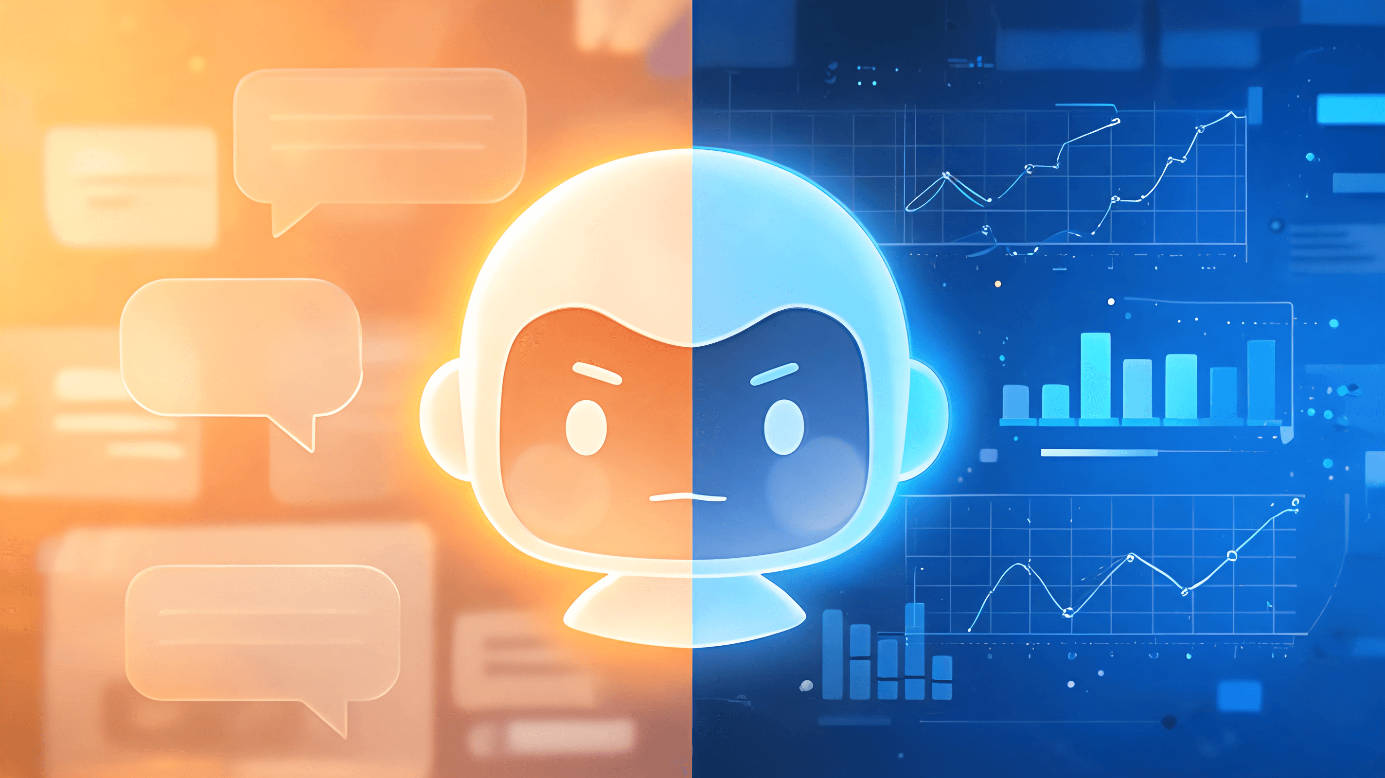 An artistic visualization showing a digital interface transitioning from a warm, friendly persona to
