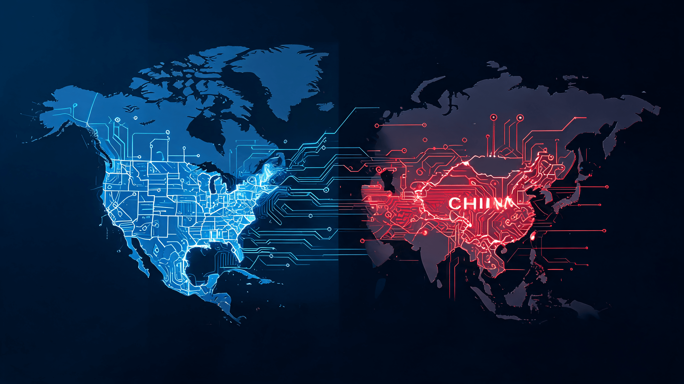 A conceptual map showing a digital divide between two stylized hemispheres, with glowing circuit lin