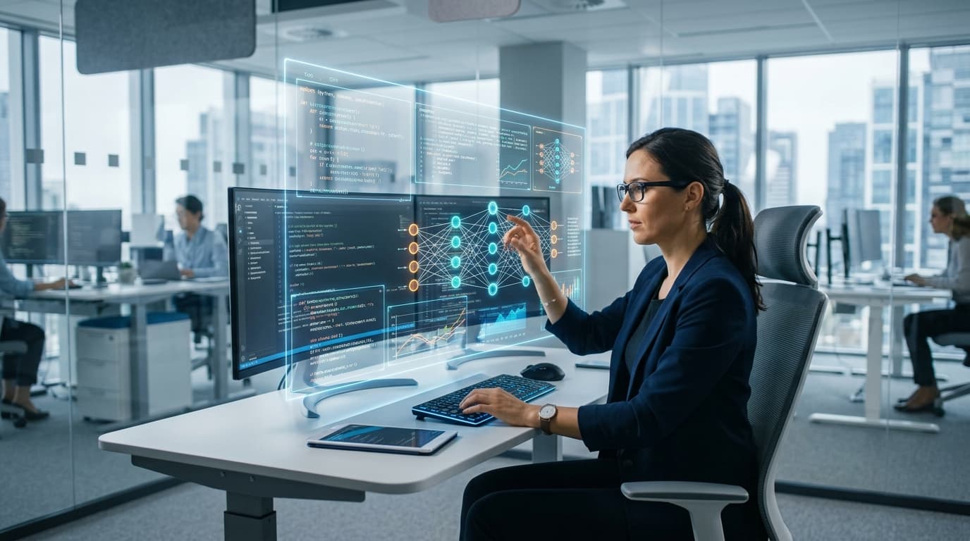 A modern, sleek office environment showing a single engineer sitting at a desk with multiple hologra