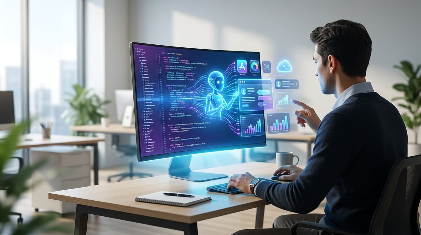 A modern, minimalist office workspace with one person collaborating with a glowing AI interface on a