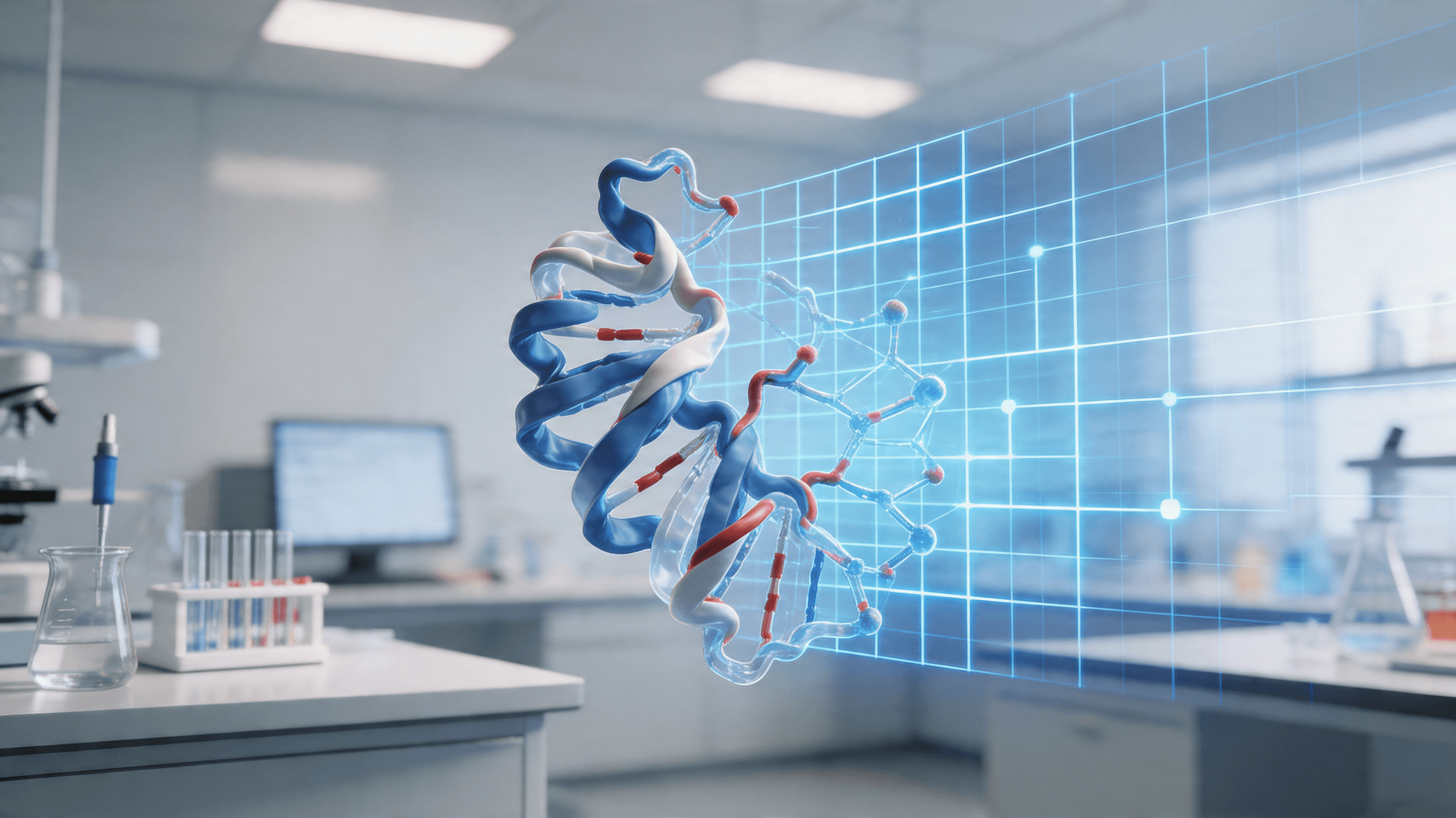 A scientific illustration of a complex protein structure model merging with digital AI grid lines, c
