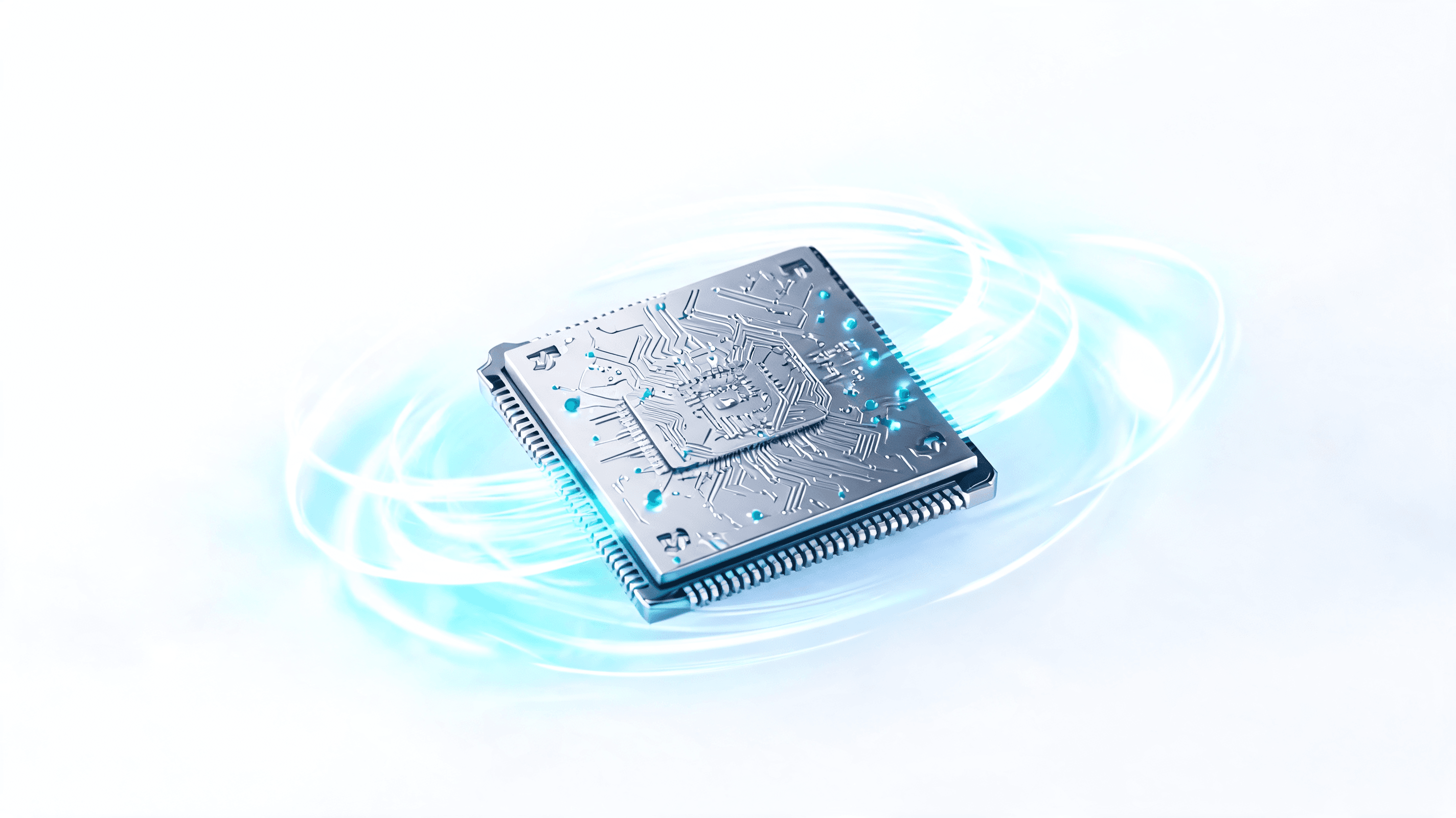 A conceptual image showing a futuristic computer processor with glowing light trails representing sp