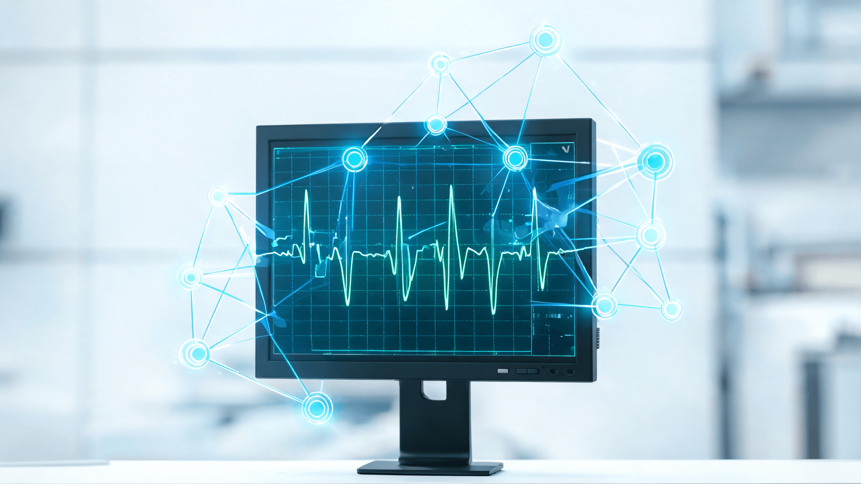 A sophisticated digital heart monitor screen overlaid with holographic neural network nodes, symboli