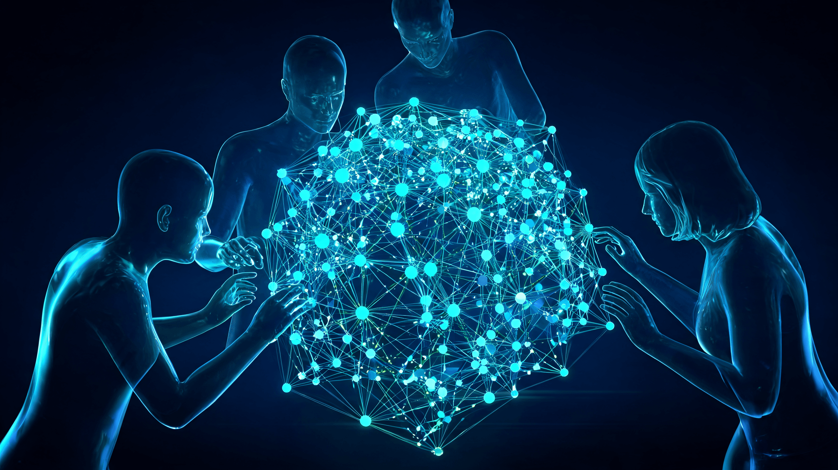 A conceptual, high-tech visual of a complex digital neural network being scrutinized by several glow