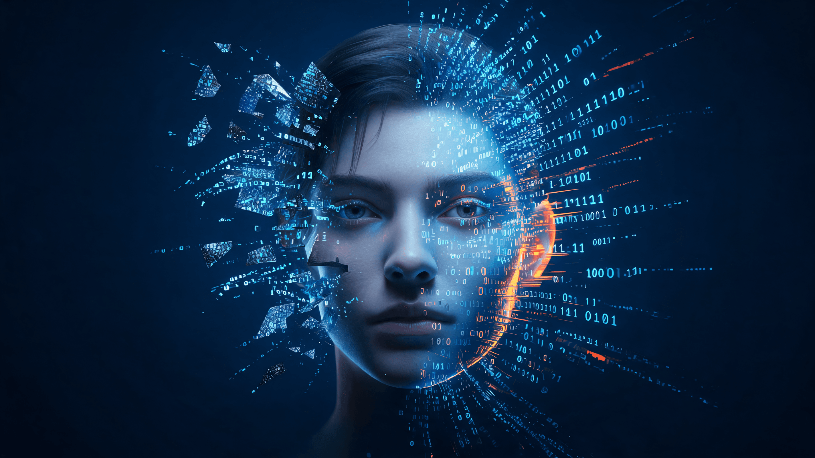 Abstract representation of a digital human face being fragmented and reconstructed by digital code,