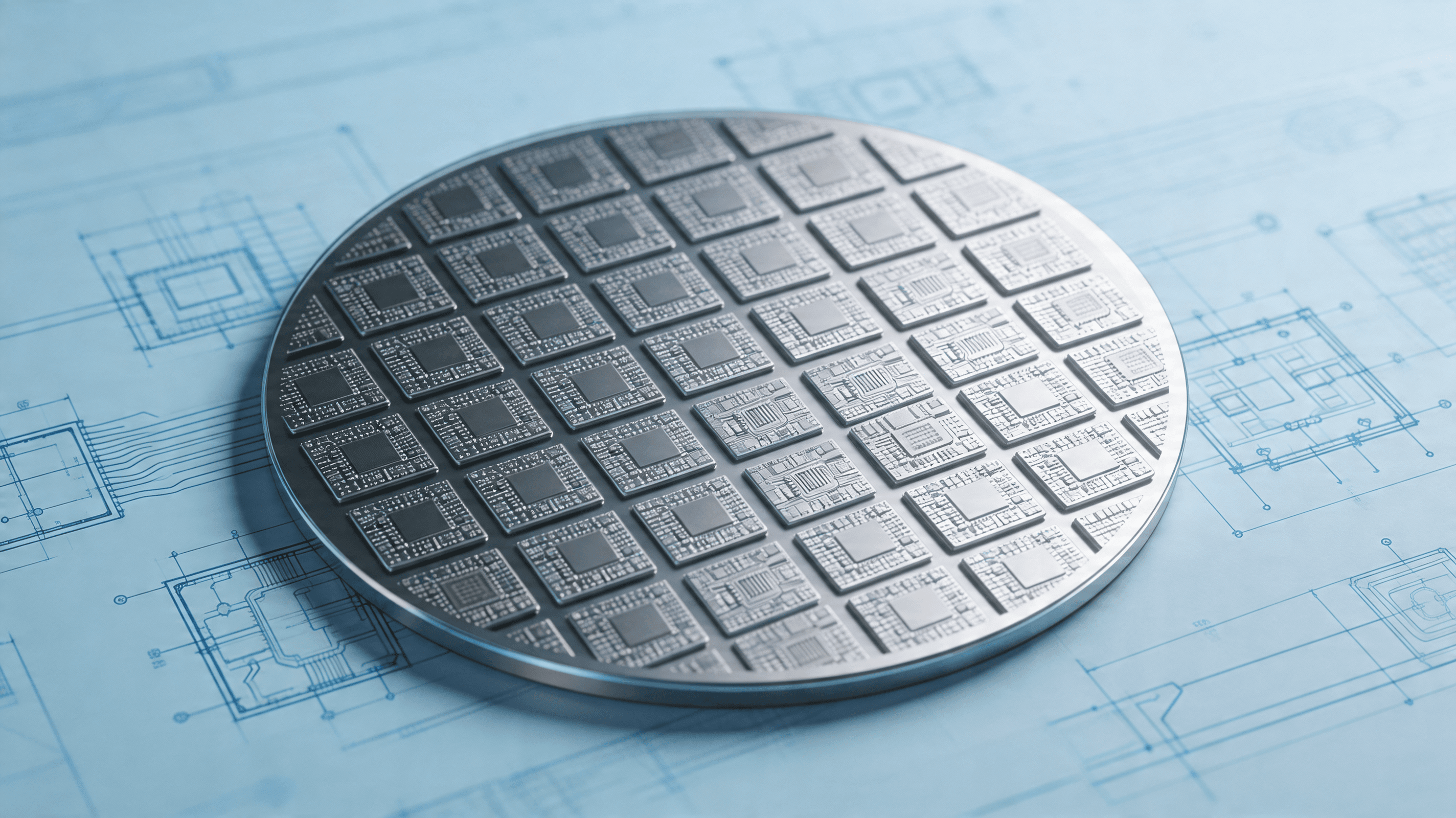 Close-up of a sophisticated silicon wafer for AI processing, technical engineering blueprint backgro