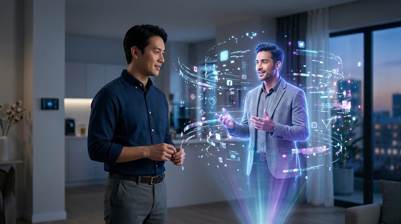 A conceptual photo of a person interacting with a futuristic, holographic digital twin of a doctor o