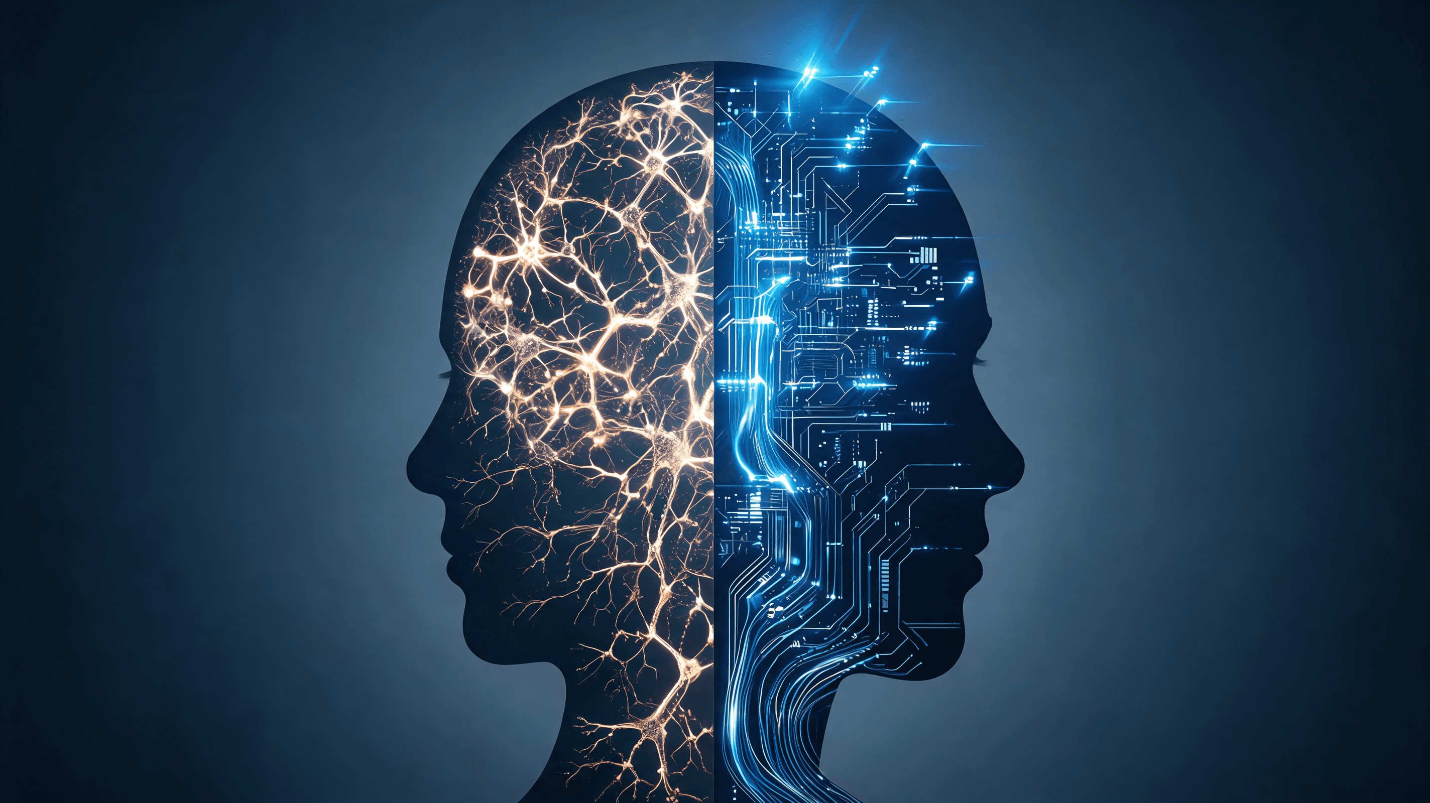 A dual-exposure human head silhouette, with one half representing natural human neurons and the othe