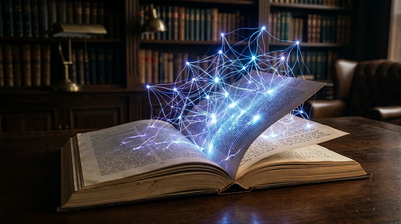 Dramatic image of a book manuscript with glowing digital neural networks emerging from the pages, da