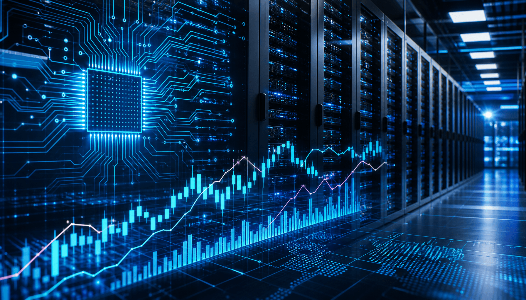 Futuristic data center interior with illuminated server racks, glowing blue circuit board patterns,