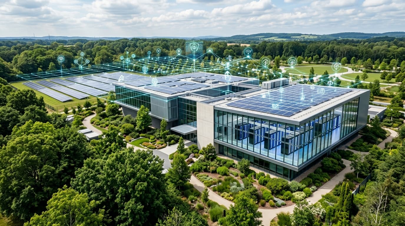 A futuristic data center integrated with green technology, lush green trees and solar panels surroun